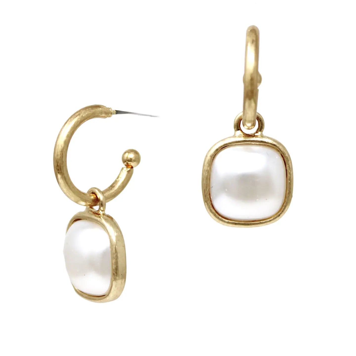 Gold Huggie Hoop w/Square Pearl Earrings