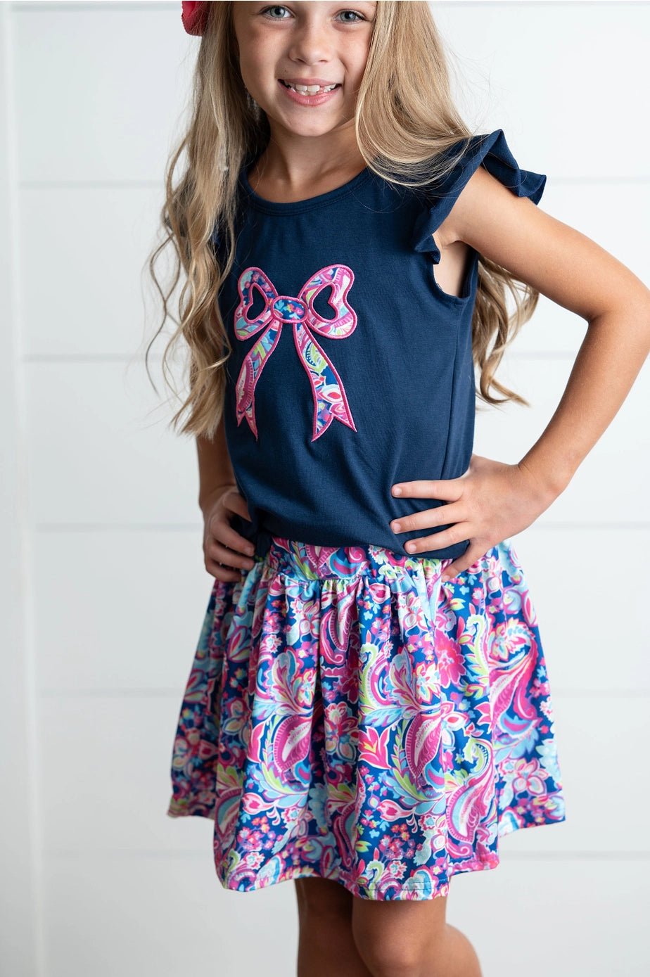 Girl's Navy & Pink Floral Bow 2pc Outfit