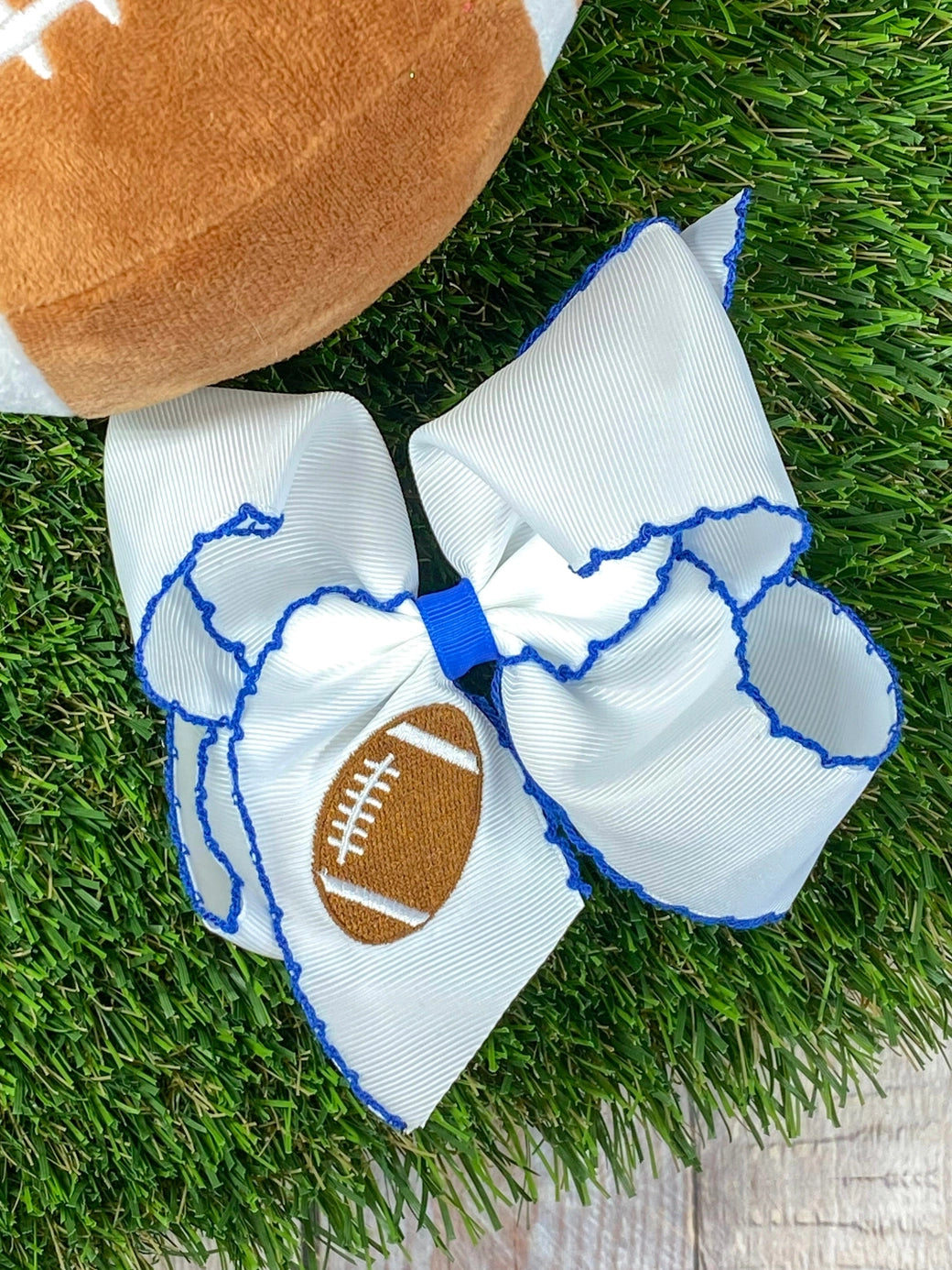 Blue/White Football Embroidered Bow