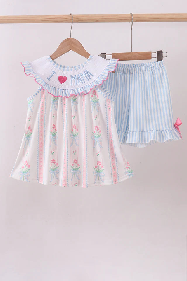 Blue Floral I Love Mama Smocked Ruffle 2pc