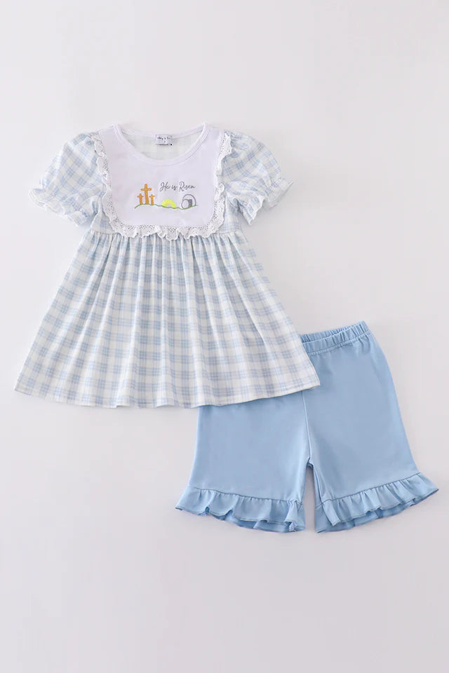 Blue Plaid He is Risen Embroidery Set