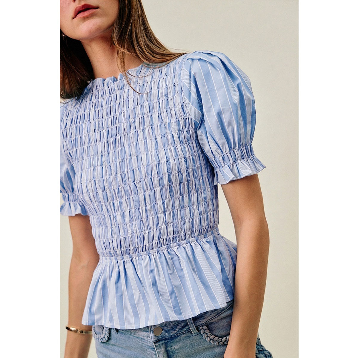 Blue/White Stripe Smocked Puff Sleeve Top