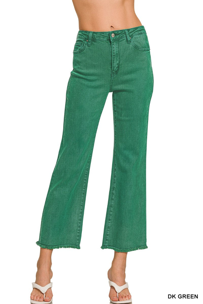 Zenana Crop Jeans w/Frayed Hem in Dk Green