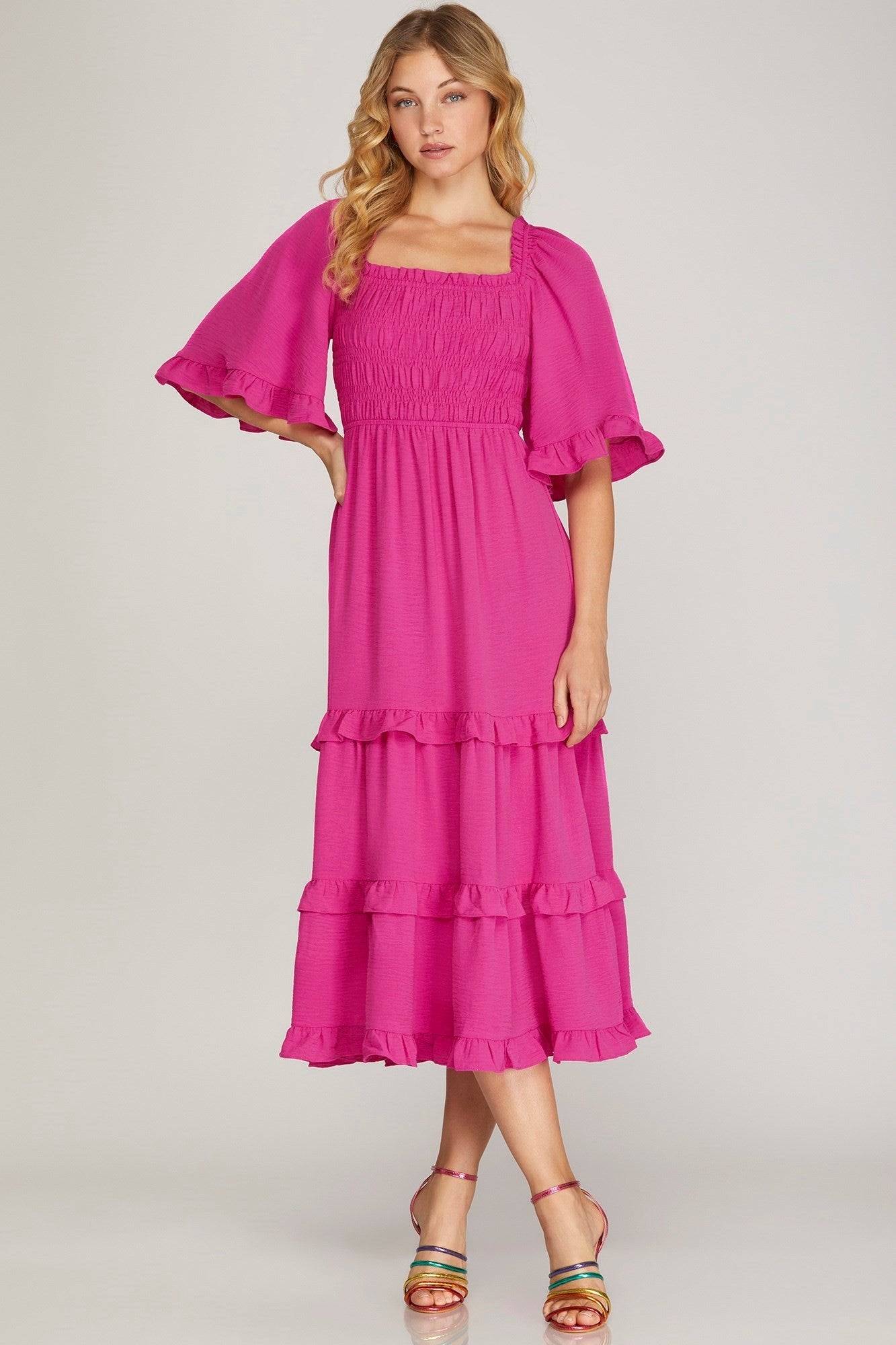 hot pink bell sleeve dress Long Sleeve Short Sequin Sylvia Hoco Dress