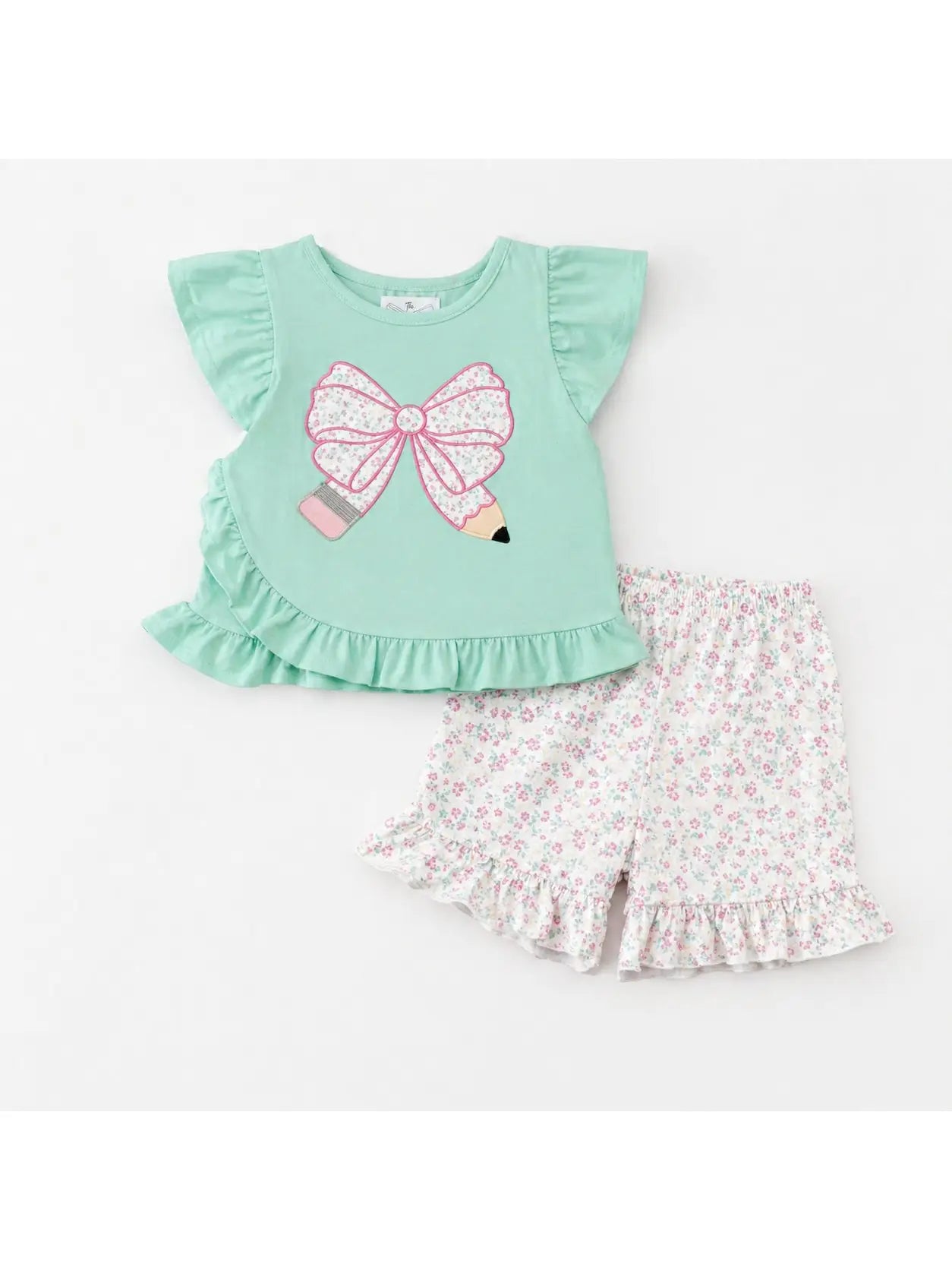 Mint Floral Bow Pencil Ruffle Short Set