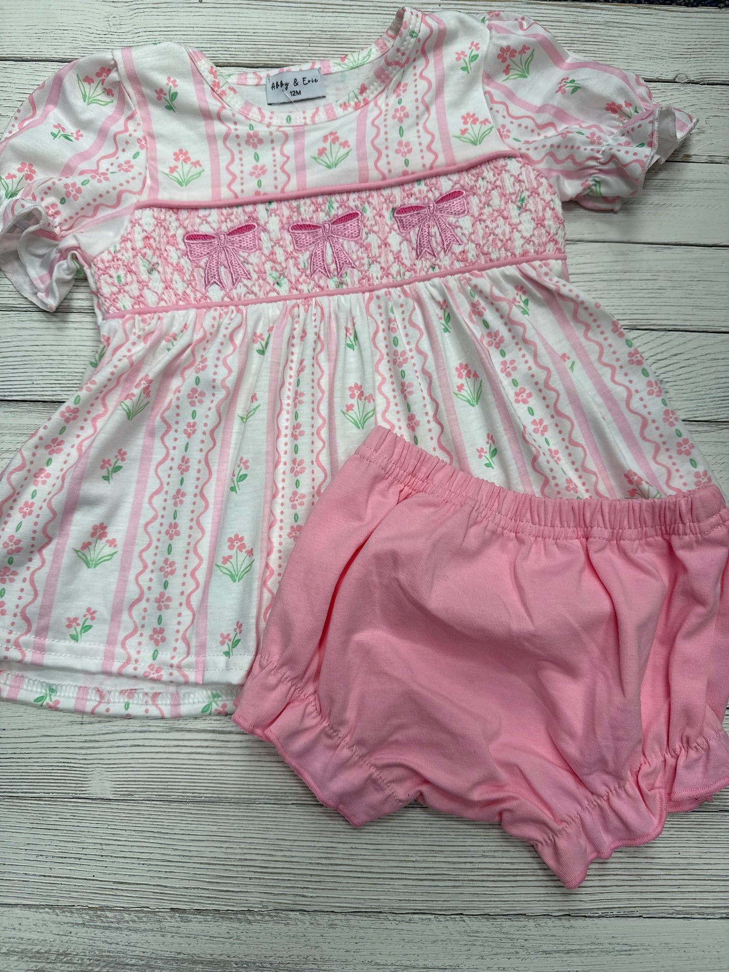 Pink Floral Bow Smocked Bloomer Set
