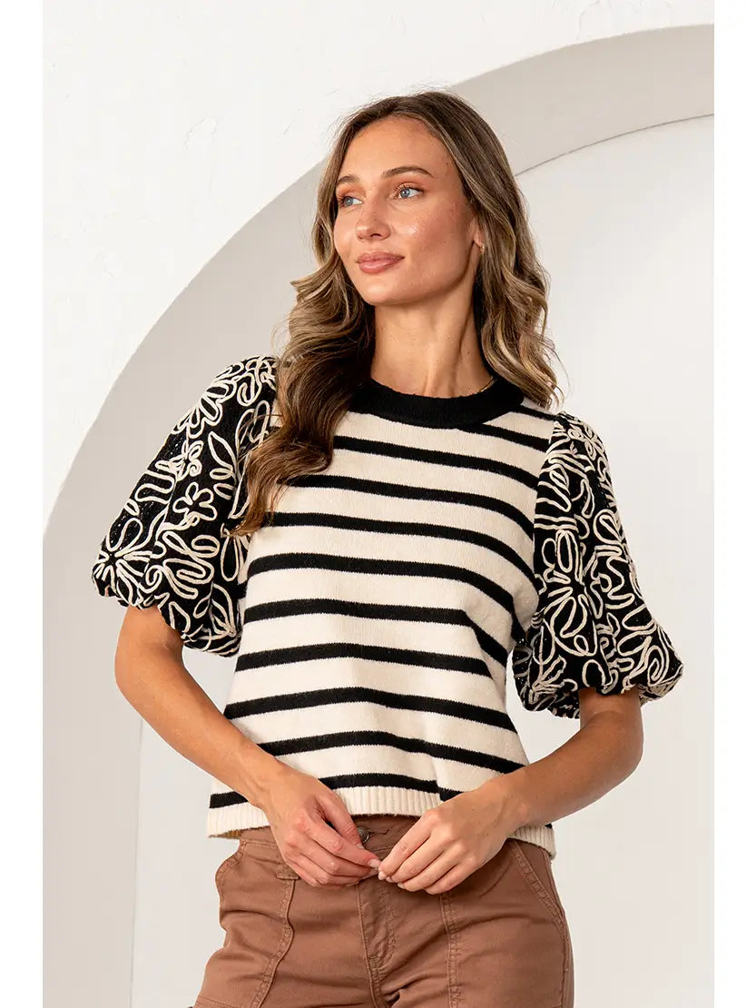 Black/Oatmeal Stripe Embroidered Top