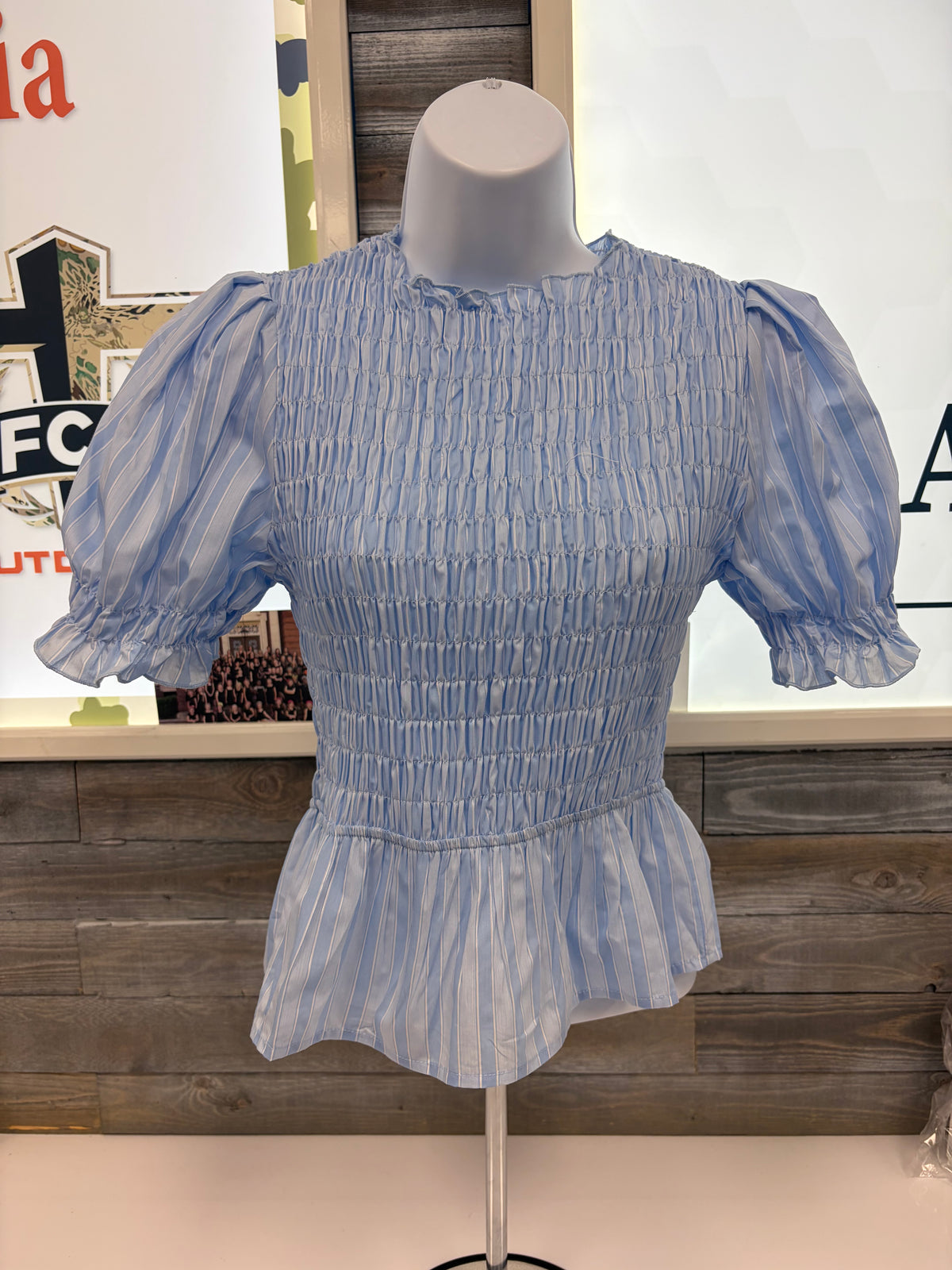 Blue/White Stripe Smocked Puff Sleeve Top