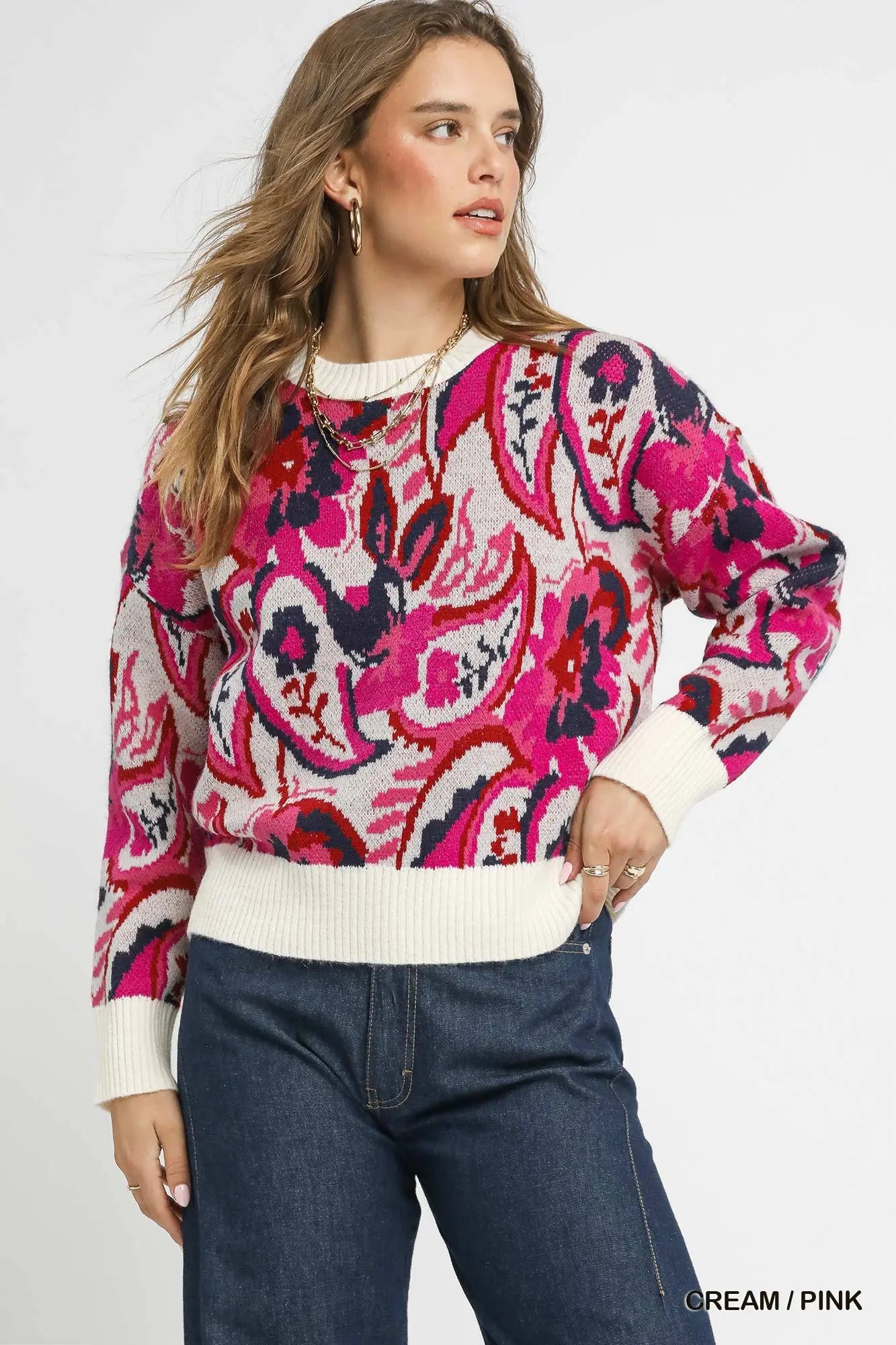 "Always the One" Cream/Pink Sweater by Umgee