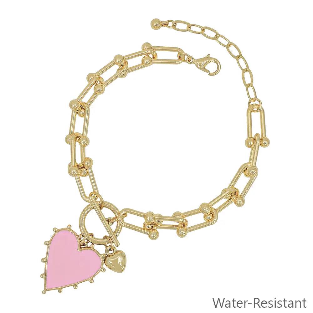 Gold Bracelet w/Pink Studded Heart Charm