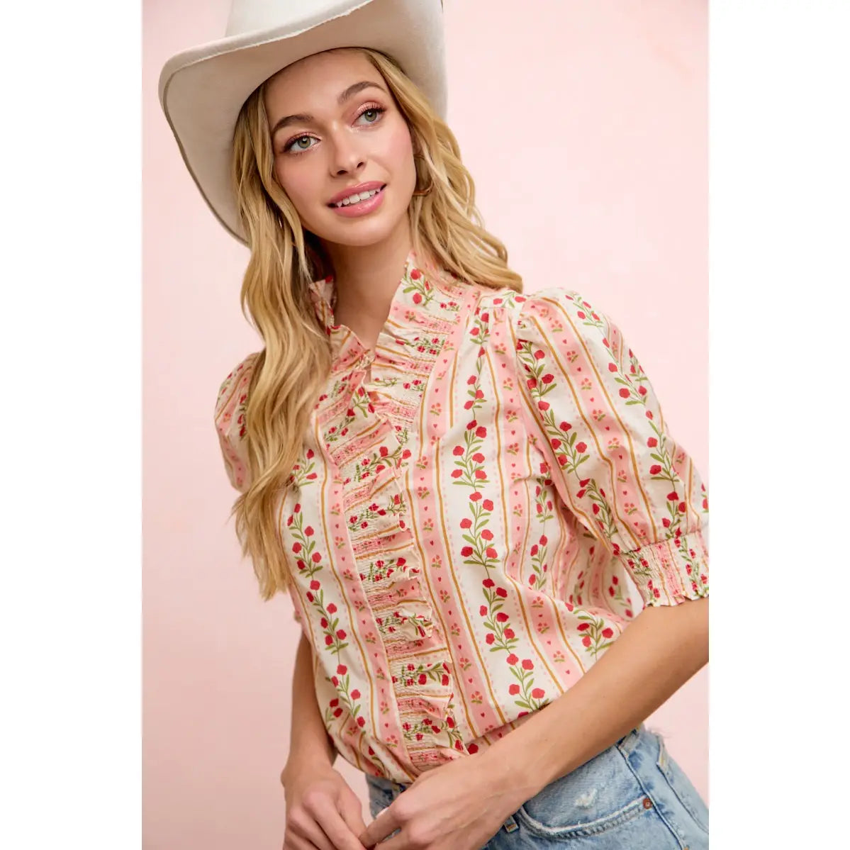 Floral Printed Ruffled Puff Sleeves Top