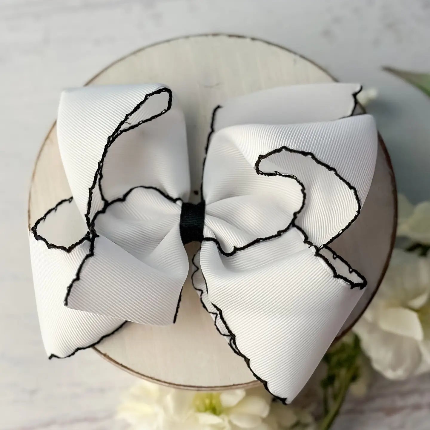 White W/Black Moonstitch Hair Bow