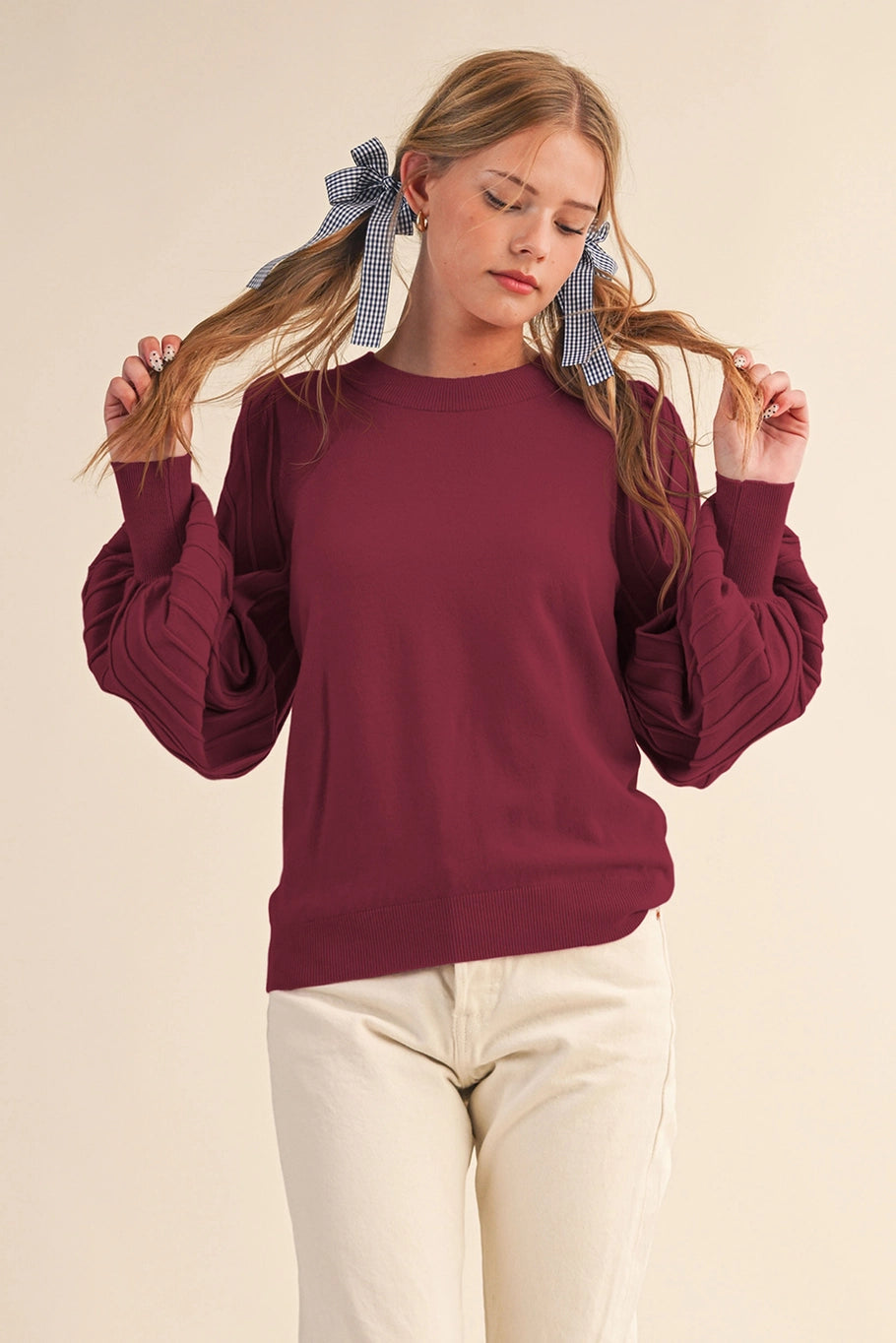 Mauve Wine Puff Sleeve Sweater