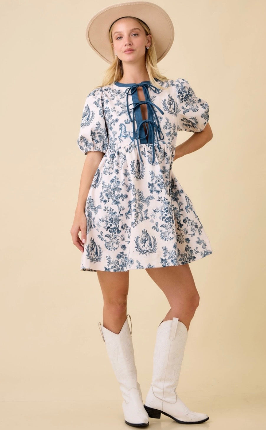 Blue Vintage Horse Toile Print Denim Mini Dress