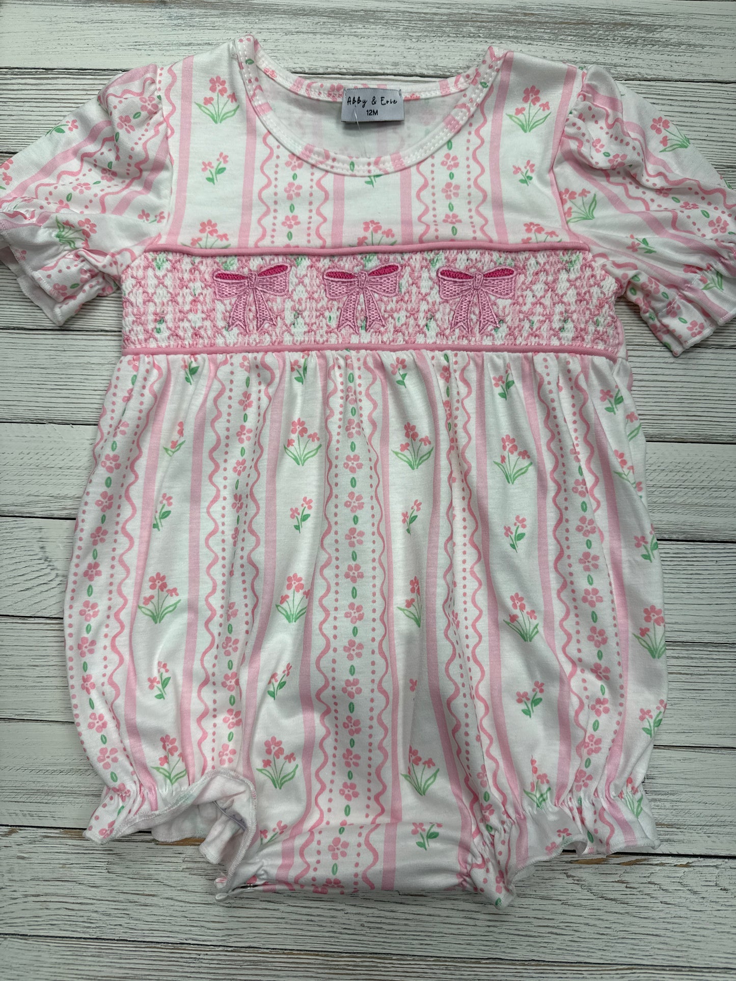 Pink Floral Bow Smocked Bubble