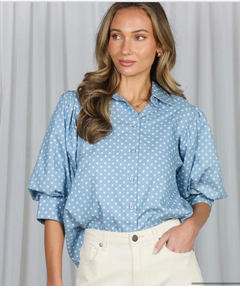 Pretty in Denim Blue Polka Dot Blouse