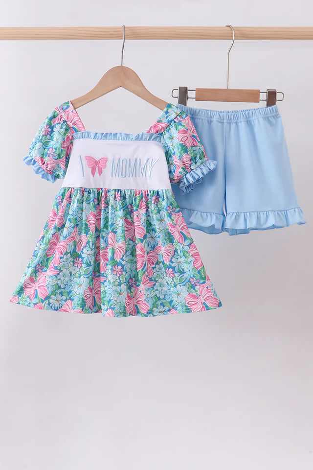 Blue I love Mommy Embroidery Ruffle 2pc