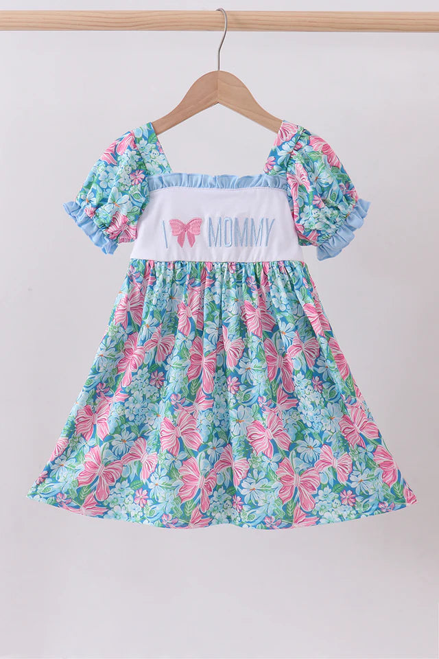 Blue I love Mommy Embroidery Dress