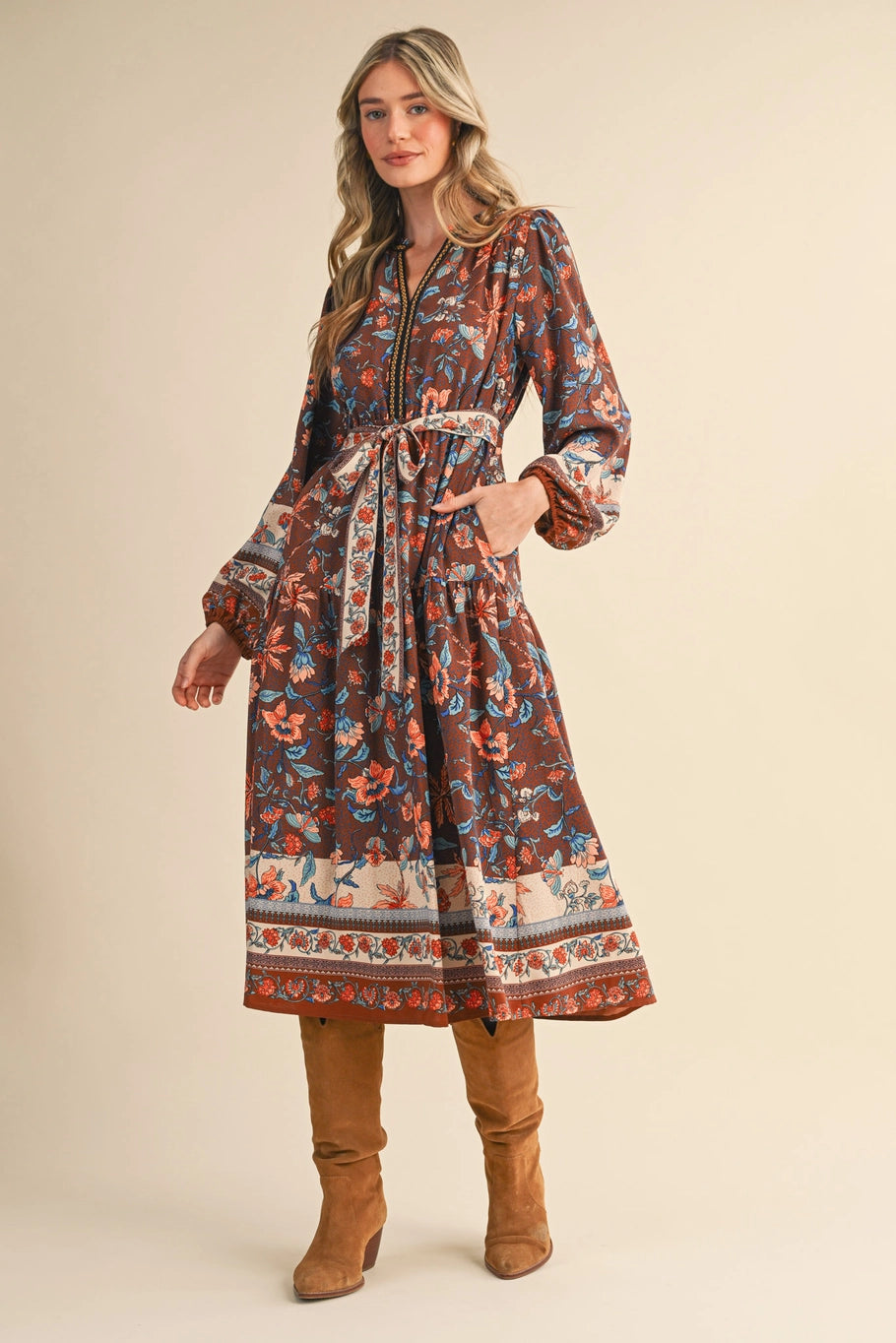 Be Bold in Brown Floral Midi Dress