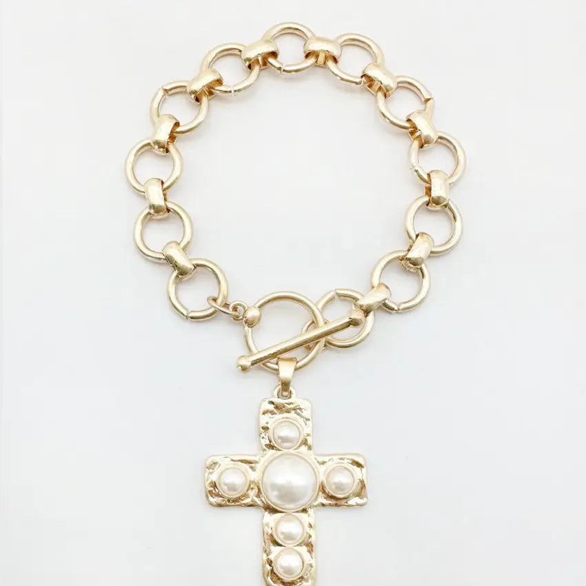 Gold Chain w/Hammered Cross w/Pearl Accent Charm