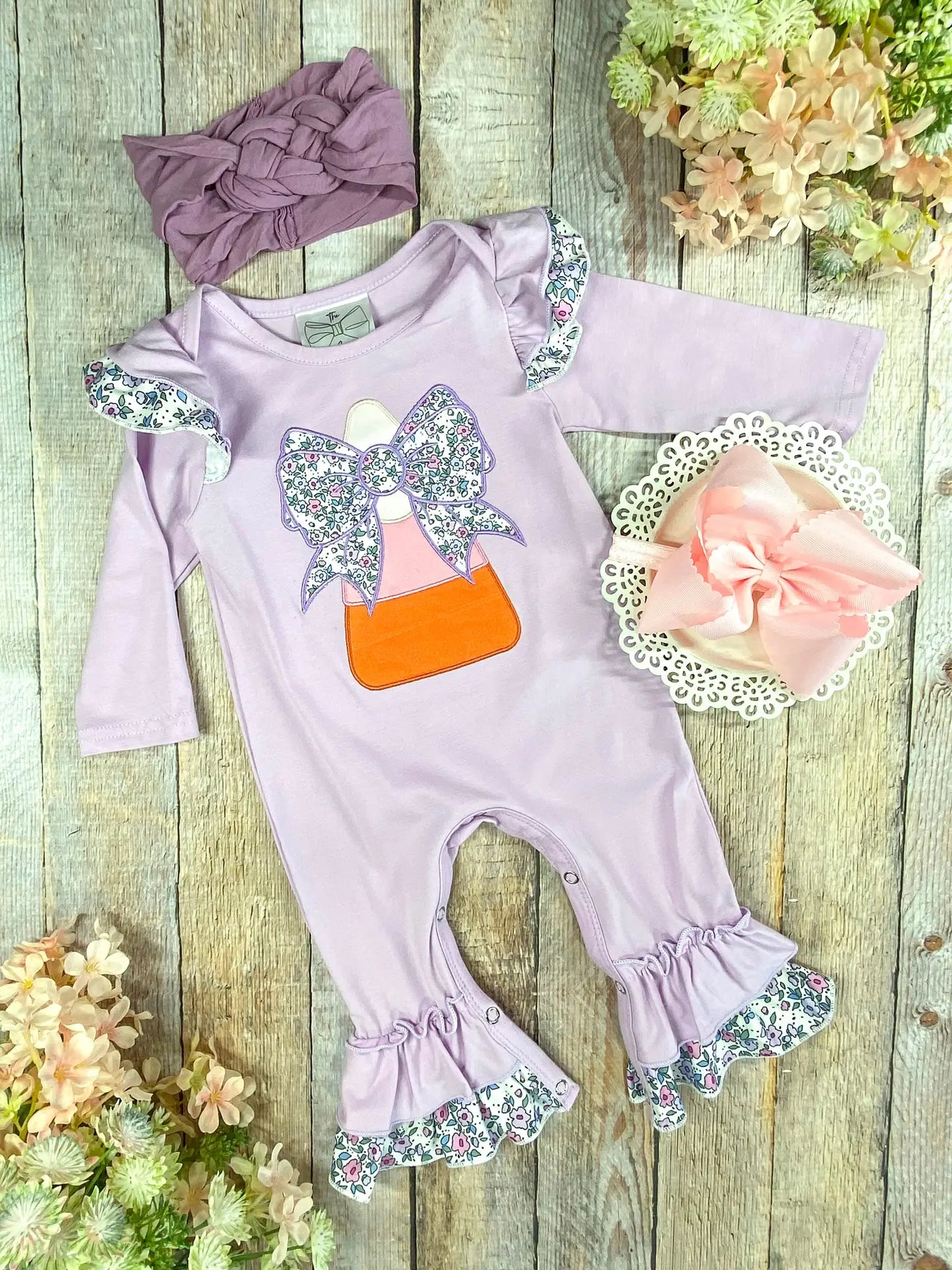 Purple Candy Corn & Bows Romper
