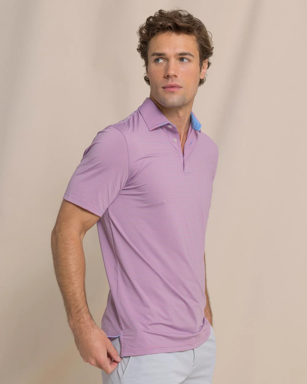 Southern Tide Coastal Breeze Stripe Polo in Coral Beach