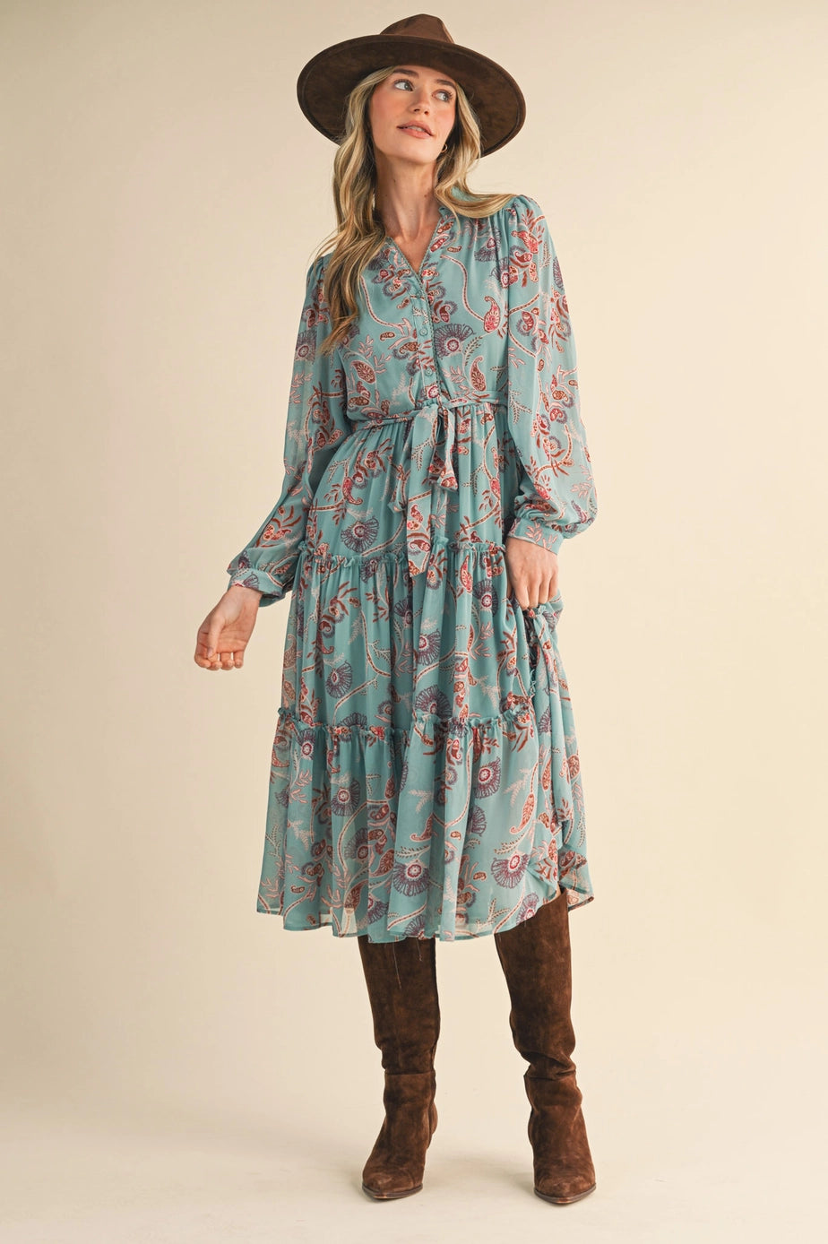 Exclusive Paisley Print Tiered Dress in Seafoam