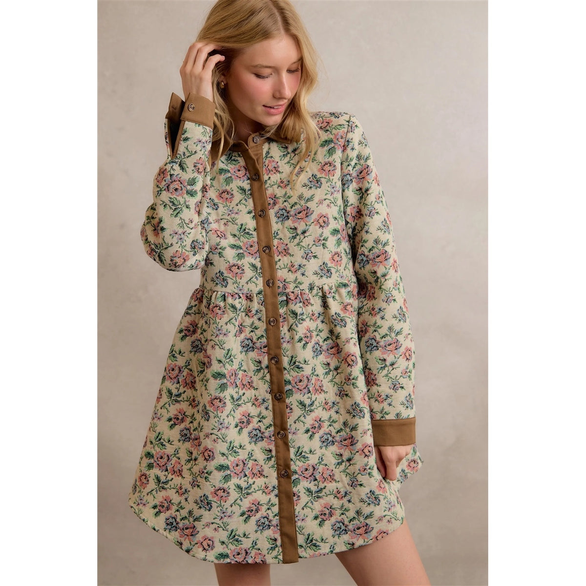 Floral Jacquard Shirt Mini Dress