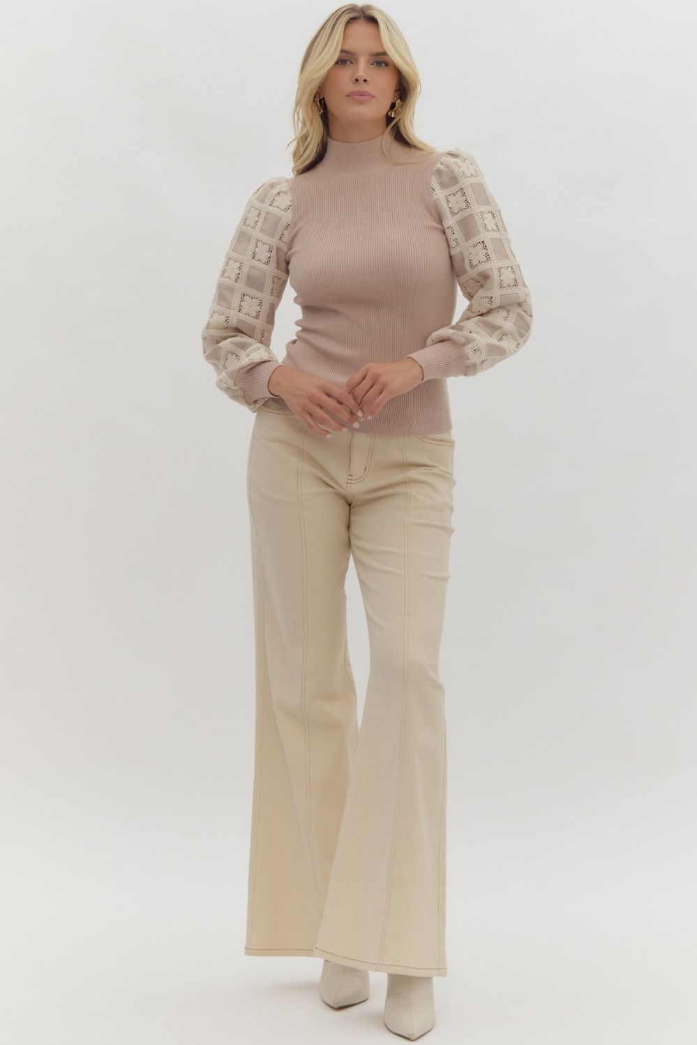 Fall into Mocha Top w/Crochet Floral Sleeves