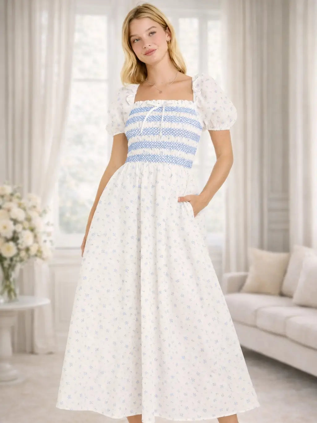 Embroidered Smocked Midi Dress Blue & White