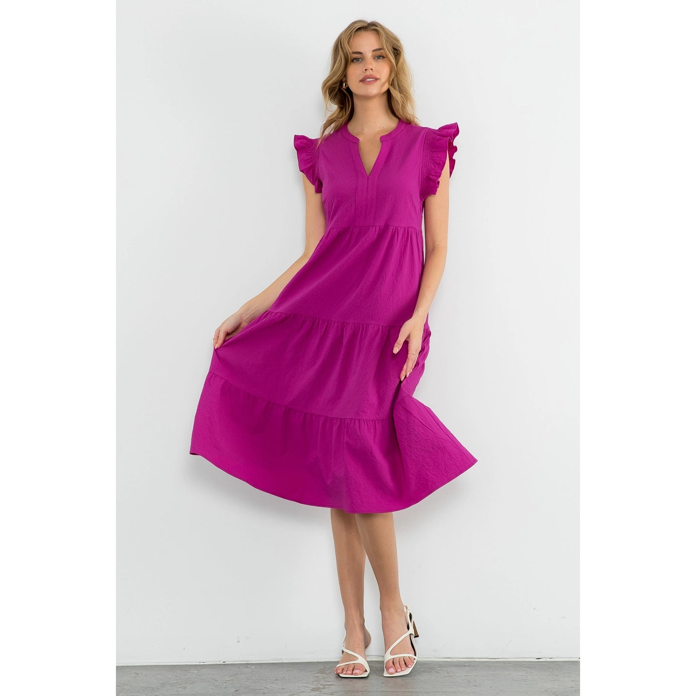 Fuchsia Ruffle Sleeve Tiered Dress By THML