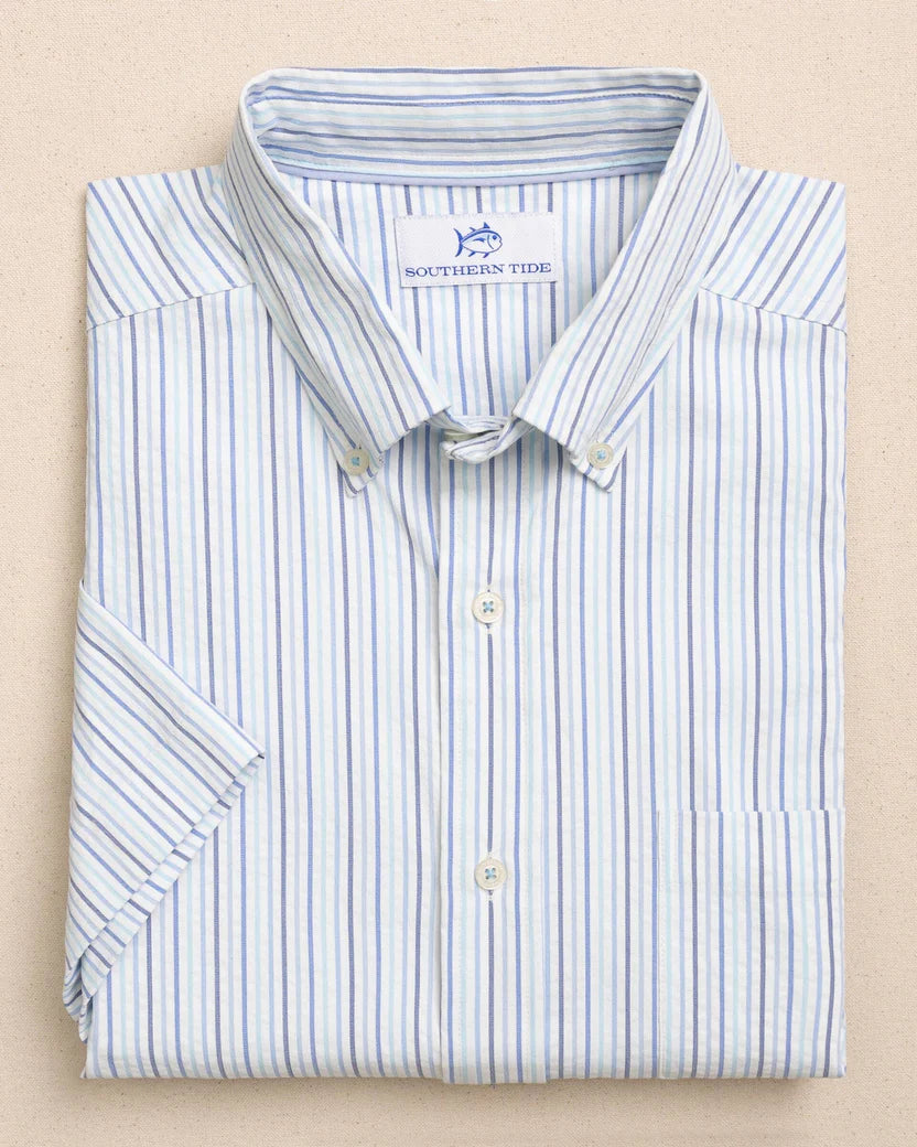 Southern Tide Tropical Breeze Blue Marina Seersucker Coastal Breeze Short Sleeve Sport Shirt