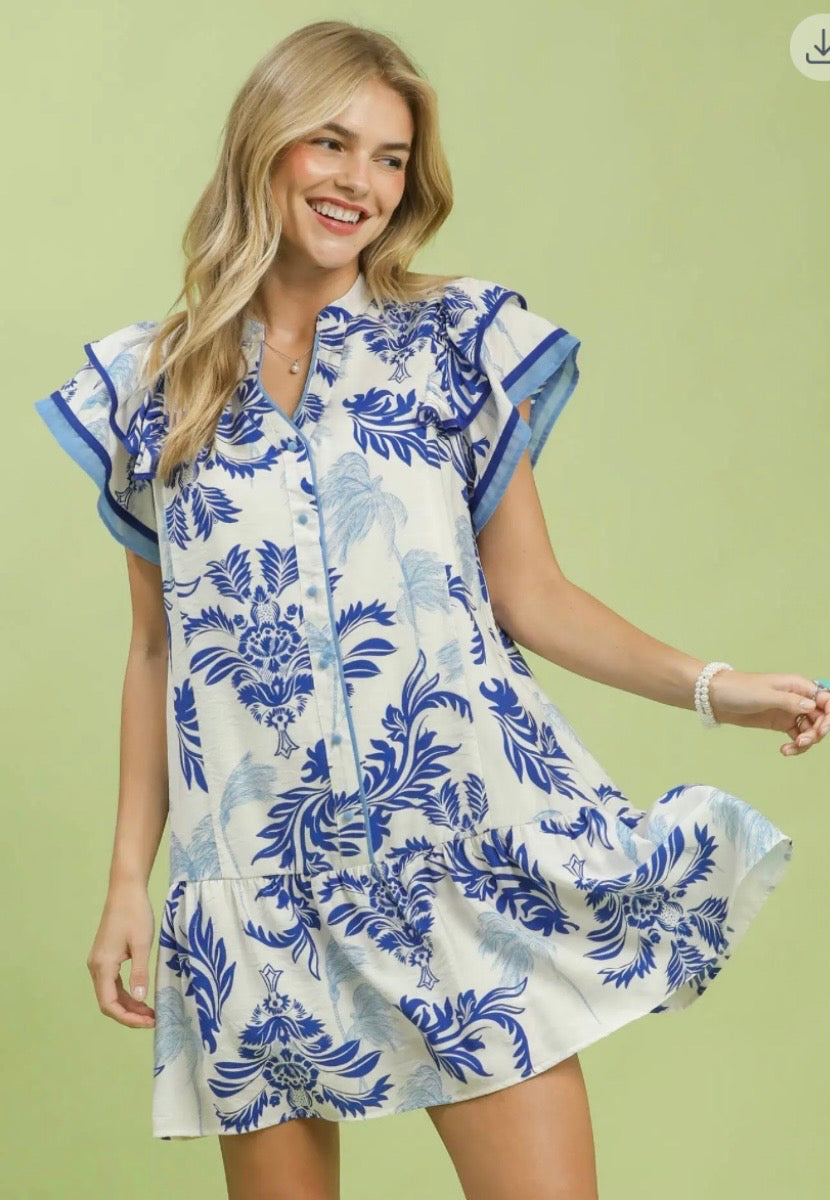 Ocean Blue Toile Tropical Print Dress by Umgee