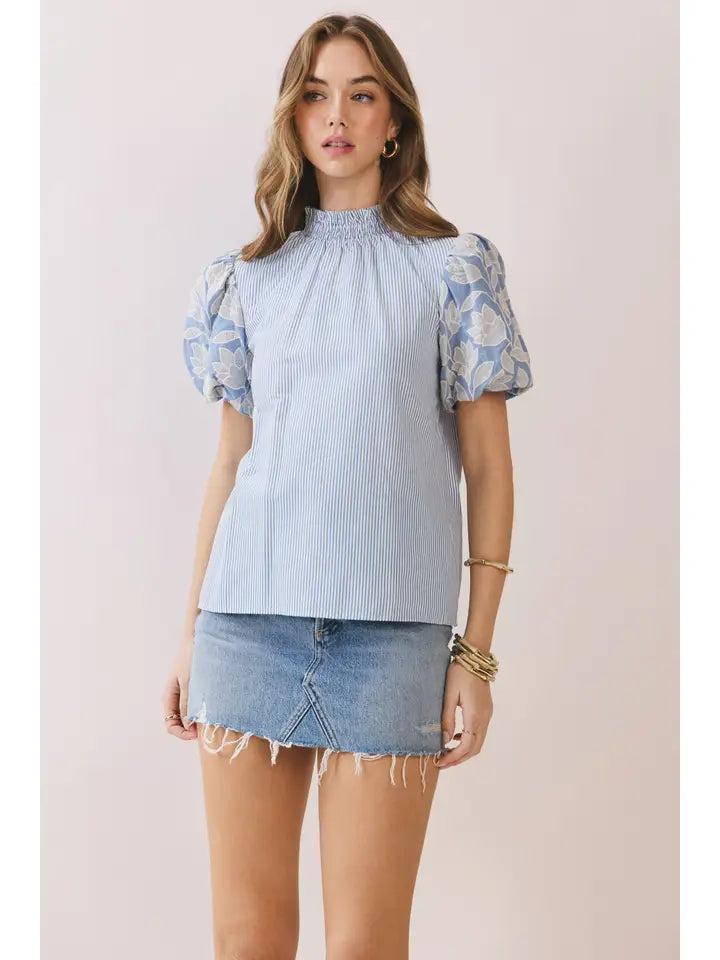 Take a Moment Stripe Puff Sleeve Top by TCEC