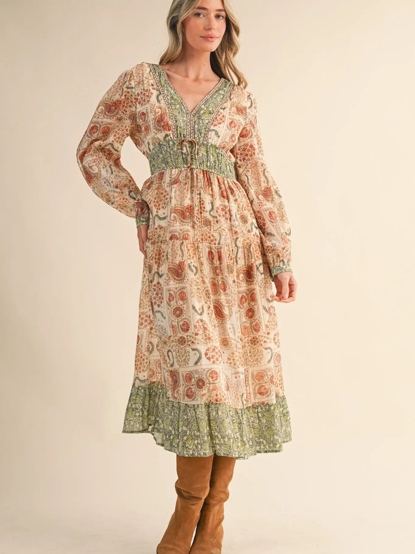 Olive Brick Mixed Paisley Print Dress