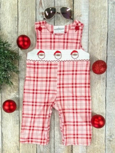 Red Gingham Santa Embroidered Boy’s Romper