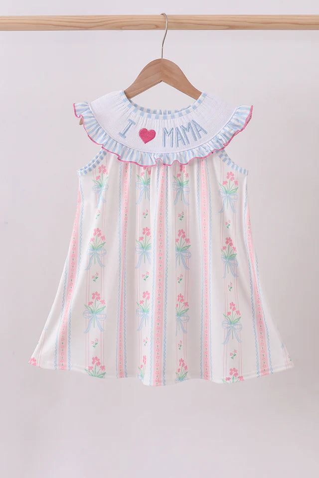 Blue Floral I Love Mama Smocked Dress
