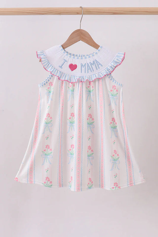 Blue Floral I Love Mama Smocked Dress
