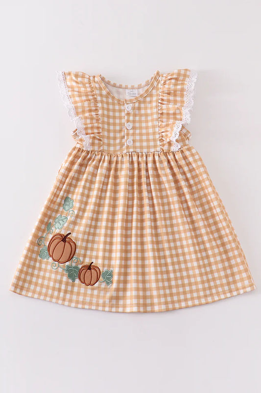 Mustard Plaid Pumpkin Applique Dress