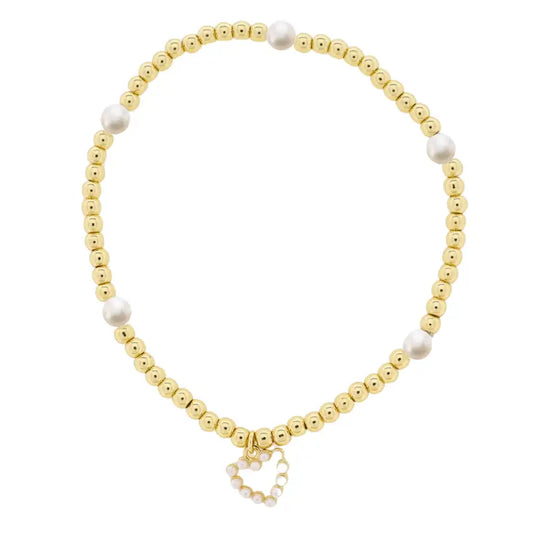 Gold Beaded Bracelet with Pearl Heart
