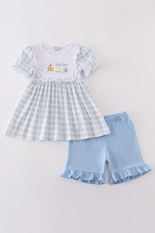 Blue Plaid He is Risen Embroidery Set