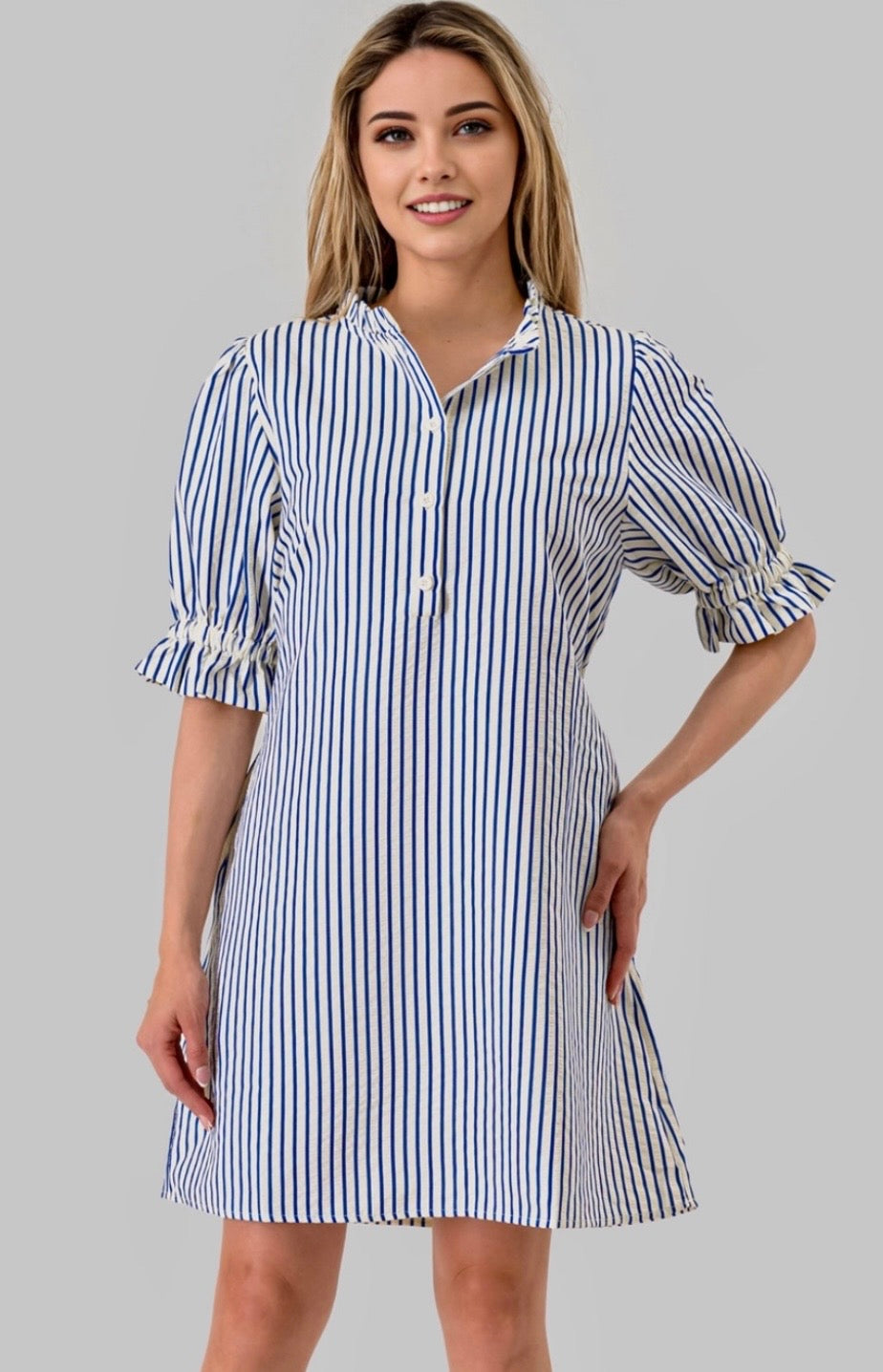 Quinn Stripe Seersucker Game Day Dress in Blue