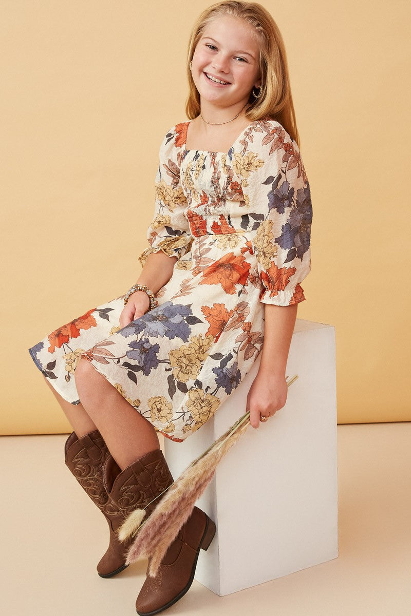 Girl's Cream Floral Smocked Dress