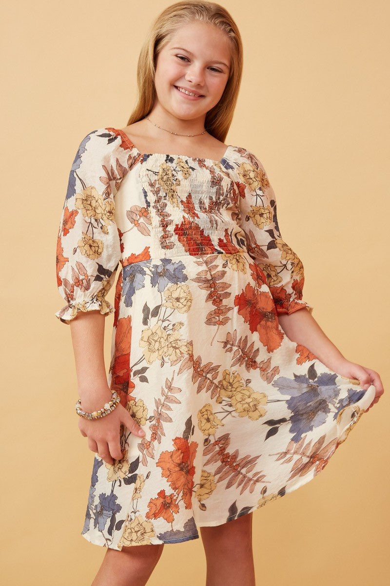 Girl's Cream Floral Smocked Dress