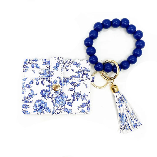 Blue Floral Beaded Wristlet