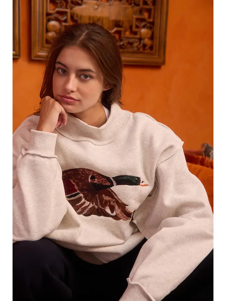 Mallard Embroidered Wildlife Mock-Neck Sweatshirt