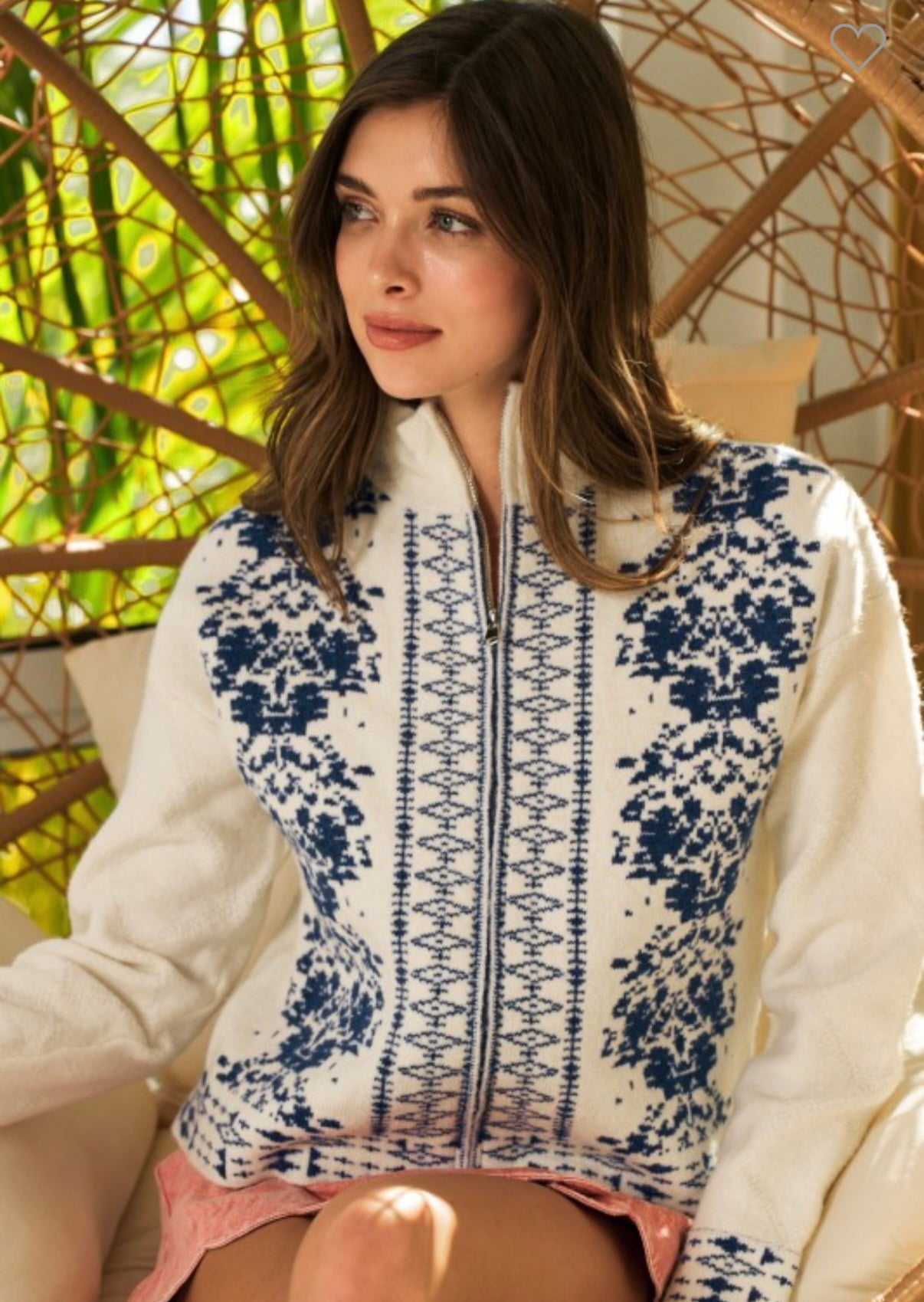 Floral Embroidered Zip Sweater