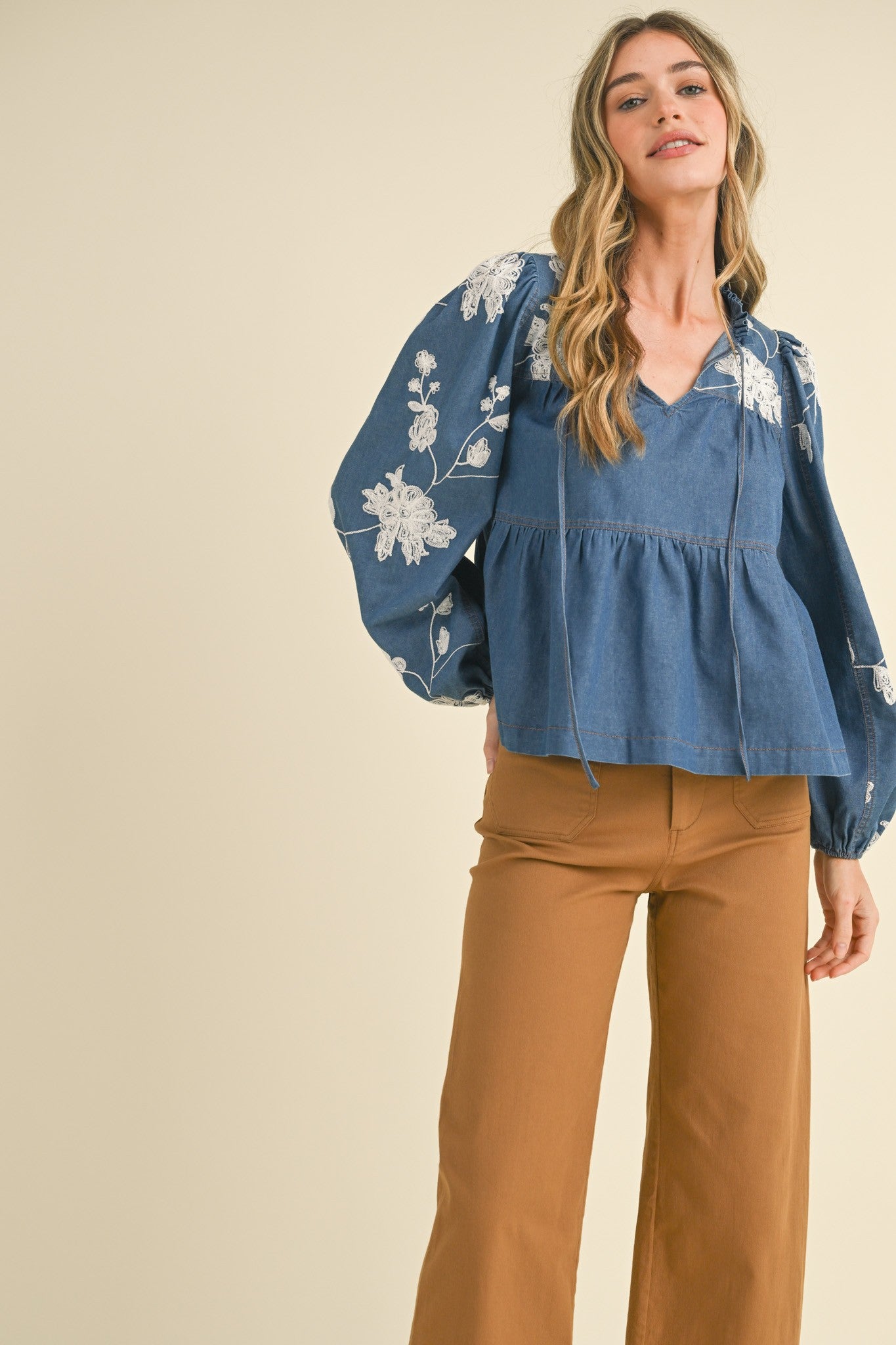 Floral Denim Embroidery Top by Merci