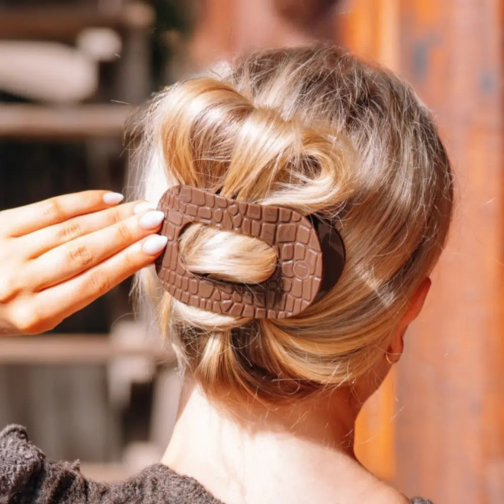 Teleties Brown Crocodile Large Flat Round Hair Clip