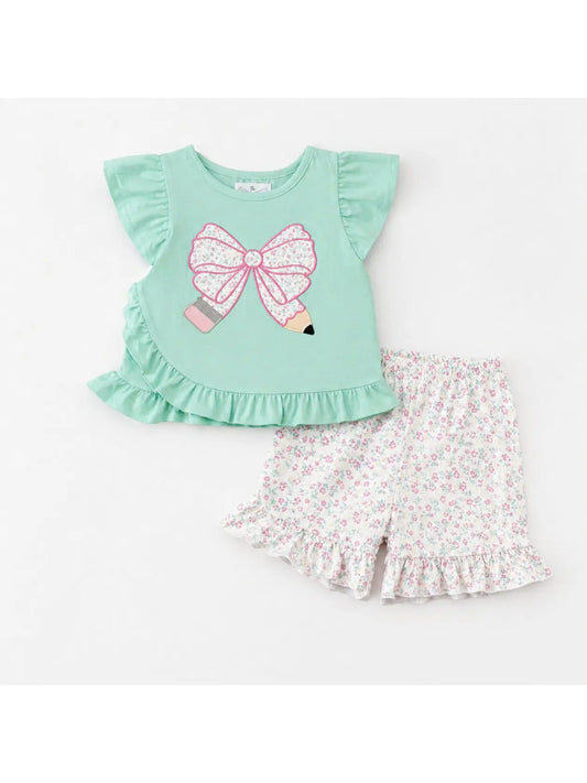 Mint Floral Bow Pencil Ruffle Short Set